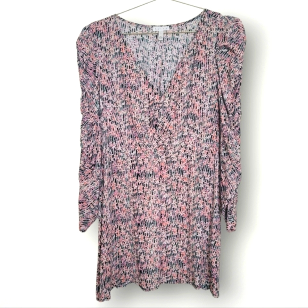 Leith Floral Multicolor V-Neck Dress Size Large Pink Puff Shoulder Mini